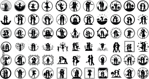 Black Silhouette Collection of Romantic Couples Dancing and Embracing Inside Decorative Circle Frames on White Background
