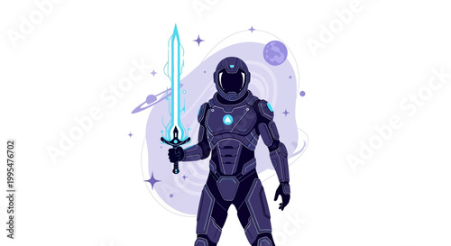In a Star Wars Day-inspired sci-fi illustration, a galaxy warrior character, rendered in a cartoon parody style, strikes a heroic pose with his glowing sword against a swirling space