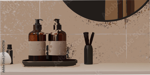 Bathroom essentials arranged on a beige surface with a circular mirror