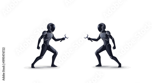 In a sci-fi Star Wars Day parody, two space-themed galaxy characters in a vector illustration are facing each other, holding small tools against a clean white background in a minimalist