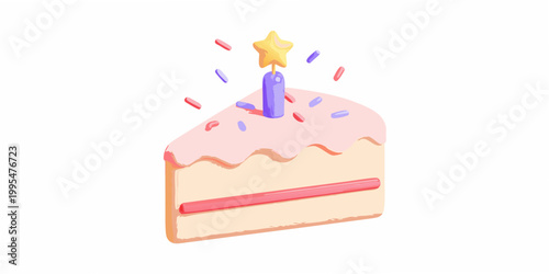 A single slice of pink frosted cake with a yellow star candle