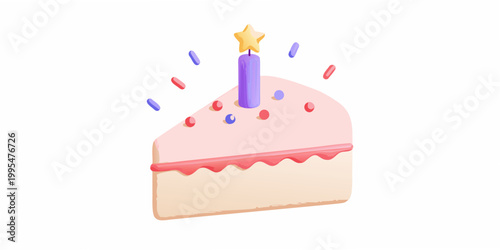 A single slice of pink birthday cake with a lit yellow star candle