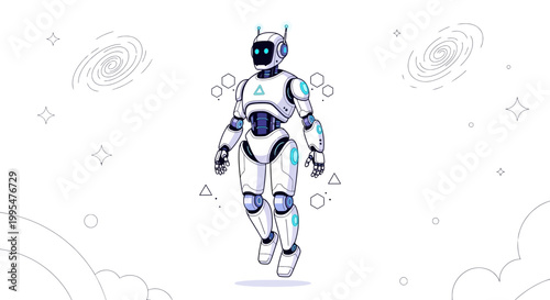 In a Star Wars Day parody style, a sci-fi robot character floats amidst a hand-drawn galaxy illustration, set against a clean white background and cosmic space theme, rendered
