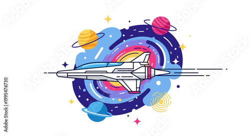 In a Star Wars Day parody style, a sci-fi space illustration features a spaceship flying against a colorful galaxy background with planets, presented as a flat design with bright, cheerful