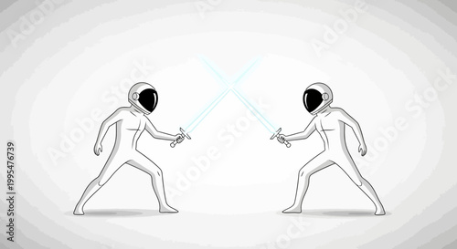 In a Star Wars Day parody style, two space-suited characters face each other with crossed lightsabers in a sci-fi space illustration, set against a clean white galaxy background