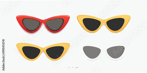Four pairs of stylish sunglasses in red yellow and gray tones