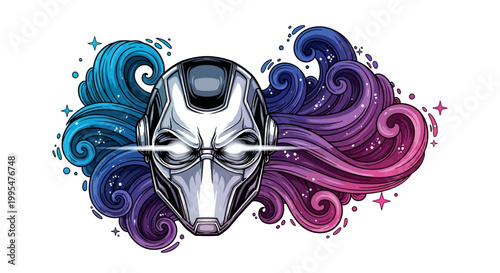 A Star Wars Day sci fi parody illustration presents a sleek, silver robot character head with glowing eyes, set against a vibrant galaxy backdrop in a space theme, creating a cool