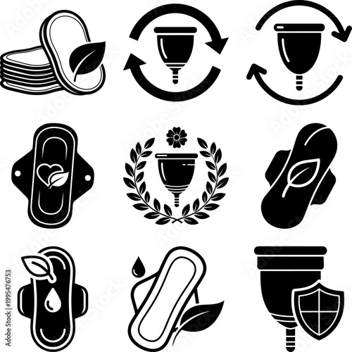 Black icons of feminine hygiene products and menstrual cycle symbols