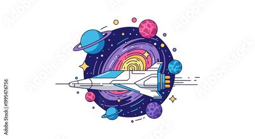 In a Star Wars Day parody style, a sci fi space illustration shows a white spaceship soaring through a colorful galaxy against a clean white background, the flat vector design