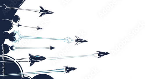 In a Star Wars Day parody style illustration, spacecrafts jet across a sci-fi galaxy in this space-themed composition, featuring retro rocket designs and vapor trails against a stark white