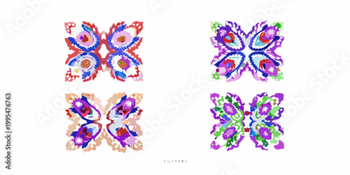 Four abstract butterfly like shapes in vibrant colors on a white background