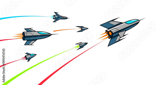 A group of cartoon spaceships flies against a white background in a Star Wars Day space theme parody style illustration, leaving colorful contrails in a dynamic sci-fi galaxy character