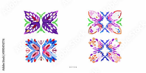 Four abstract butterfly illustrations with vibrant colorful and symmetrical designs