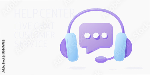 Illustration of a purple and blue headset with a chat bubble