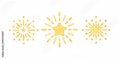 Three golden stars with sparkling rays on a white background