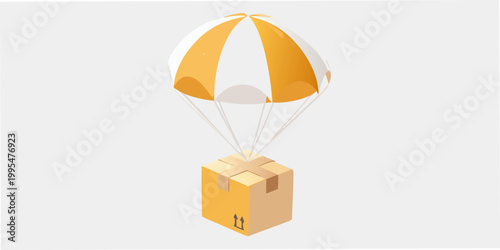 Isometric illustration of a yellow package being delivered by parachute