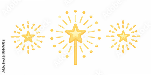 Three golden sparklers with star shaped bursts against a white background