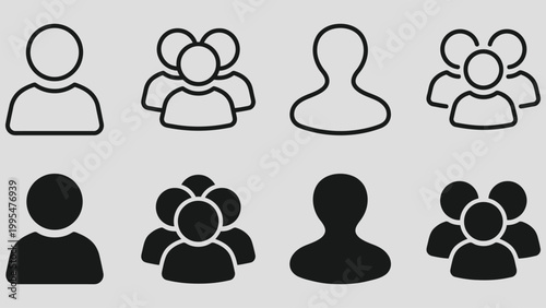User icon. Set of single and group profile avatars shows people identity and community roles vector graphic. Person symbols illustrate teamwork, audience and social membership concept.