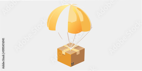 A golden package descends from the sky with a bright yellow parachute