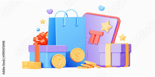 Colorful gifts shopping bag and coins in a 3d illustration