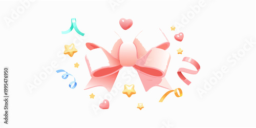 A pink gift bow surrounded by confetti and small decorative elements
