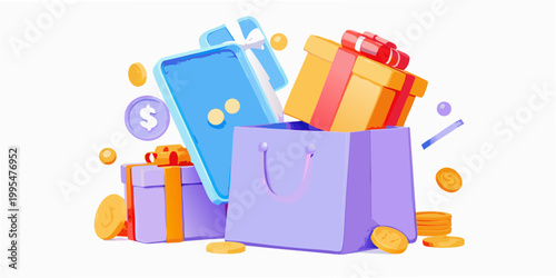 Colorful gifts shopping bag and coins in a vibrant 3d illustration