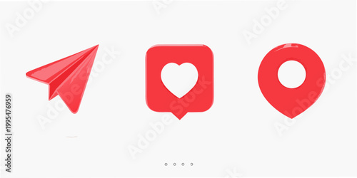 Four red 3d icons a plane square heart and location pin