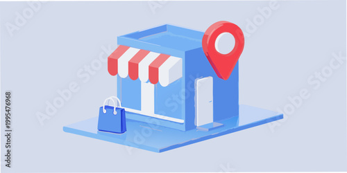 Isometric illustration of a storefront building with a location pin