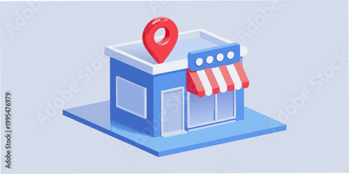 Isometric illustration of a small building with a location pin on top
