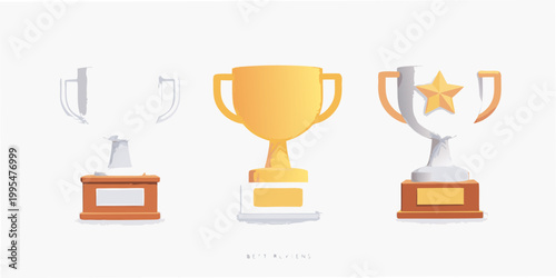 A collection of golden and silver trophies displayed on pedestals