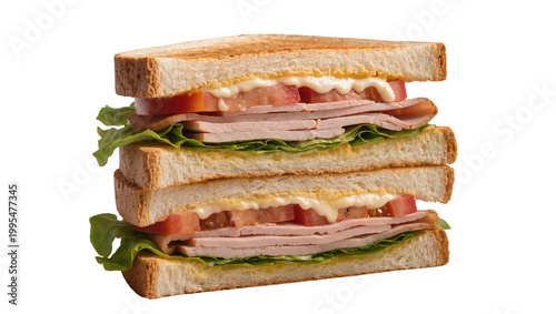 Quadro su tela Tall stacked club sandwich with ham tomato lettuce and mayonnaise, isolated on t