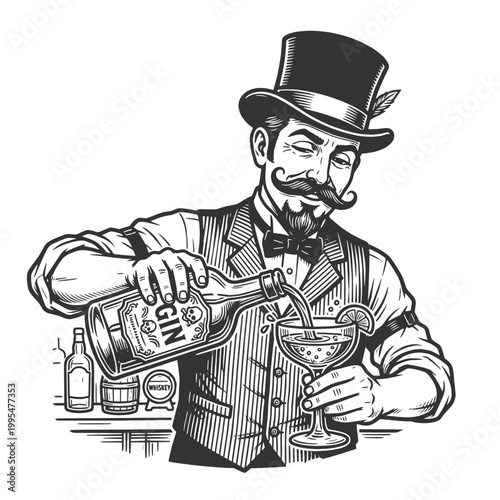 stylish vintage bartender in top hat pouring gin into a cocktail glass, evoking classic bar culture sketch engraving generative ai vector illustration. Scratch board imitation. Black and white image.