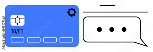 Fintech, digital security, online payments, messaging apps, financial transactions, customer support. A card with a microchip and speech bubble. Fintech and digital security focus