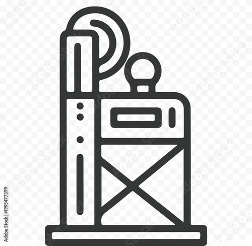 Black and white vector illustration of a gasoline pump station with a nozzle and hose.