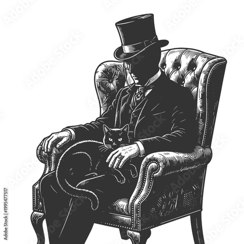 mysterious Victorian gentleman in a top hat sitting in an armchair, gently holding a black cat on his lap sketch engraving generative ai vector illustration. Scratch board imitation. Black and white.