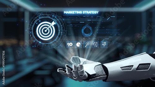 A robotic hand extends toward a digital interface showcasing a marketing strategy, emphasizing innovation and technology in a modern workspace. Auvana