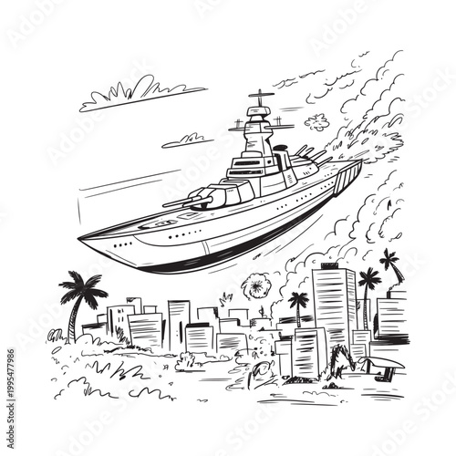 Sketch of a futuristic battleship hovering over a coastal city