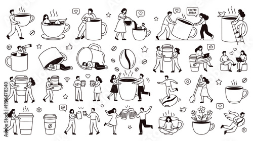People drinking coffee vector illustration set for hot beverages concept.