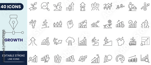Growth icon set in outline style. Editable stroke. Vector icon collection.