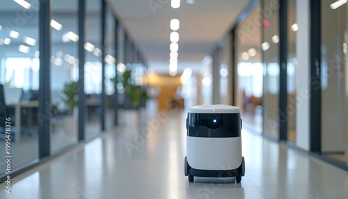 会社のオフィスの廊下を自律走行する巡回ロボット 背景をぼかしたモダンなビジネス環境とDX（コピースペースあり）