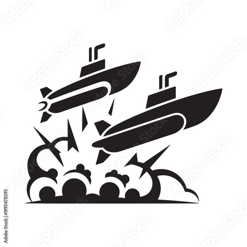 Submarines engaged in underwater combat with torpedoes and explosions
