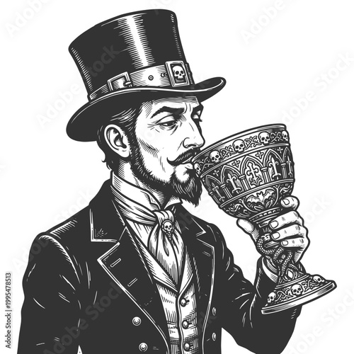 Victorian man in top hat sipping from an ornate goblet decorated with skulls, evoking dark gothic elegance sketch engraving generative ai vector illustration. Scratch board. Black and white image.