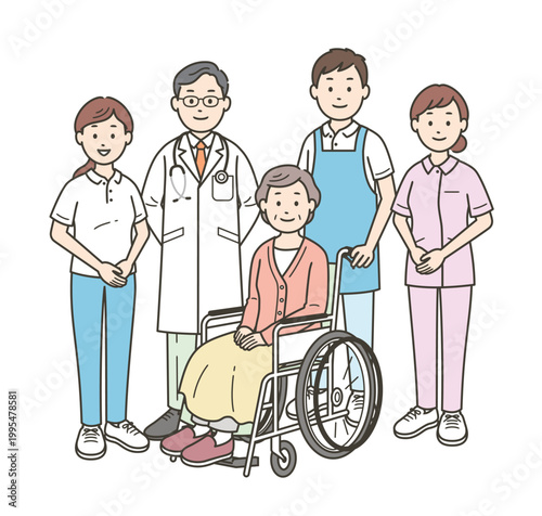 車椅子に座る高齢女性と介護士と医師と看護師の集合イラスト
