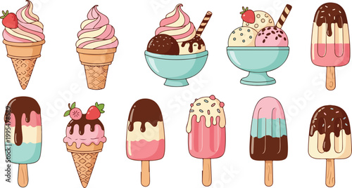 Cute Cartoon Ice Cream Clipart Set with Popsicles and Summer Dessert Icons