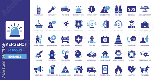 Emergency Icon Set featuring walkie talkie, flashlight, fire engine, emergency siren, warning alert, emergency time, and life jacket for rescue services.