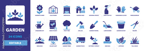 Garden Solid Vector Glyph Icon Set including gardening set, wheelbarrow, seedlings, seed bag, lawn mower, butterfly sprout, axe log, and plant soil for landscaping design.