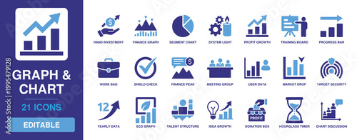 Graph & Chart Solid Icon Set with hand investment, finance graph, segment chart, system light, profit growth, training board, and progress bar for business data.