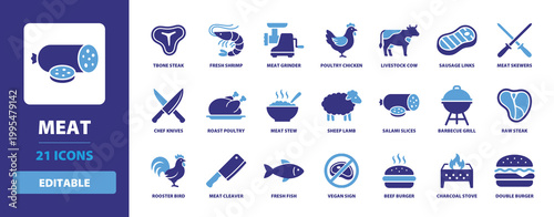 Icon Set Meat  featuring tbone steak, fresh shrimp, meat grinder, poultry chicken, livestock cow, sausage links, meat skewers, and chef knives for food services.