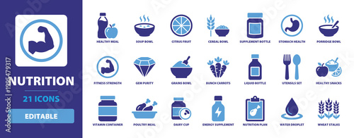 Set of Nutrition with healthy meal, soup bowl, citrus fruit, cereal bowl, supplement bottle, stomach health, and porridge bowl for diet and fitness wellness.