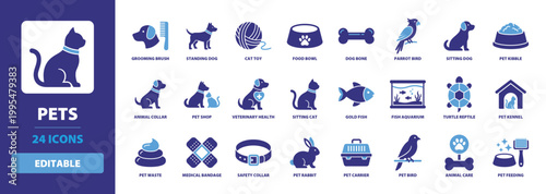 Pets Solid Vector Glyph Icon Set including grooming brush, standing dog, cat toy, food bowl, dog bone, parrot bird, sitting dog, and pet kibble for animal care and veterinary apps.